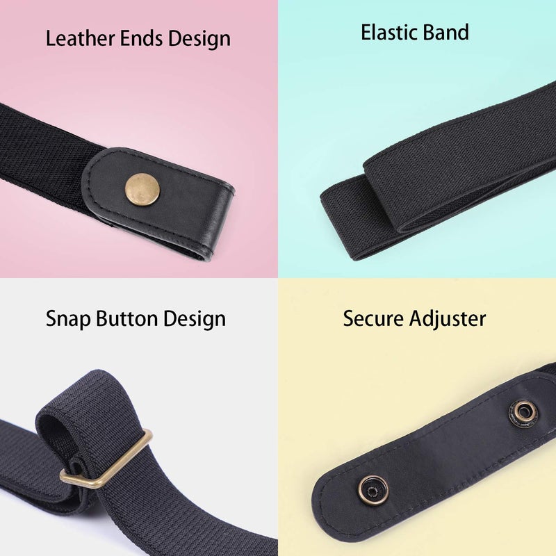 WHIPPY 3 Pieces Buckle Free Adjustable Women Belt, No Buckle Invisible Elastic Belts for Jeans Pants (Black Beige, Fit Pants Size 22-36 Inches) - Image 3